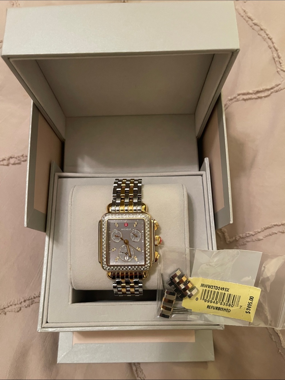 ❤️❤️❤️Michele Two-Tone Square Diamond-Trim Women’s Bracelet Watch❤️❤️❤️ - Picture 1 of 14